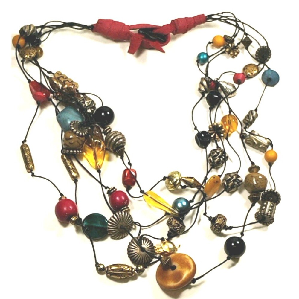 Colorful Boho Beaded Necklace Multi-Strand Retro Festival Jewelry Blue Yellow Re